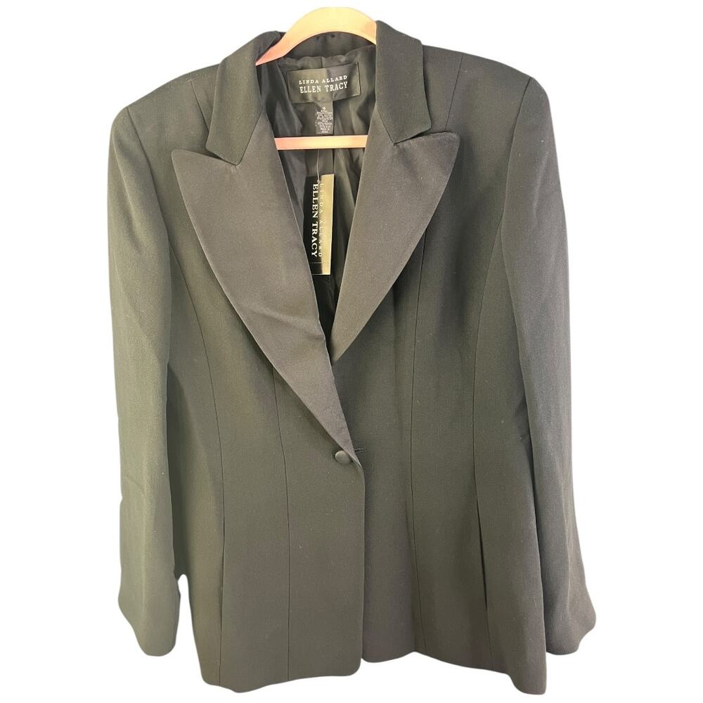 Linda Allard Ellen Tracy Black Tuxedo Blazer Jacket Silk Lapel trim Size 16 NWT